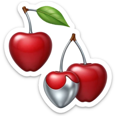 A pair of cherries emoji made of polished silver chrome, smooth rounded shapes, glossy metallic finish, soft highlights and reflections, cute proportions, iOS emoji style, centered, clean white background, no text sticker