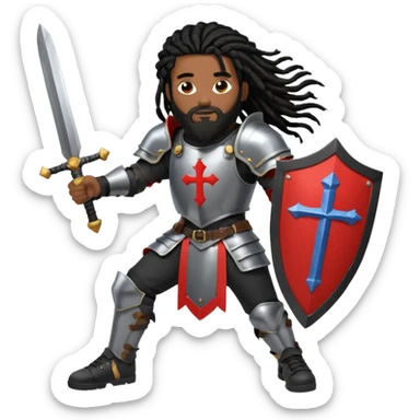 African American man with shoulder length black dreadlocks with black beard wearing knight body armor holding a double edge sword and a shield with a cross on it wearing black low top Air Force 1 sneakers sticker