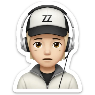 Adolescente com fone branco no ouvido é um boné preto, com uma carinha de sono e uns z z z sticker