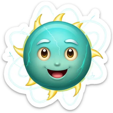 Uranus planet emoji in Apple-style, blue-green color with visible rings, big playful fun excited face, bursting with electric chaotic unexpected energy, large bold lightning bolt, highly expressive features sticker