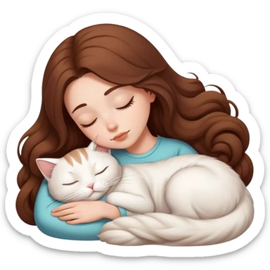 A pretty white girl with very long brown hair and sleeping curled up to a white cat  sticker