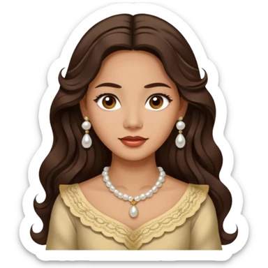 Tan Filipino woman with dark brown eyes and long dark wavy hair parted in the middle wearing a traditional filipiniana and white pearl stud earrings and no other jewelry sticker