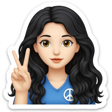 girl with long black wavy hair holding up a peace sign sticker