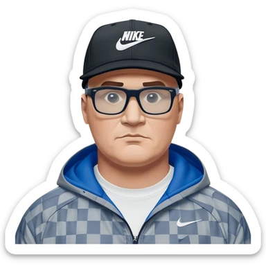50-year-old heavyset man with very wide face and prominent square jawline wearing a black Nike baseball cap with visible Nike swoosh logo. Large dark square glasses. Serious-relaxed expression. Light gray jacket that fits his larger frame, white shirt with blue checkered pattern. sticker