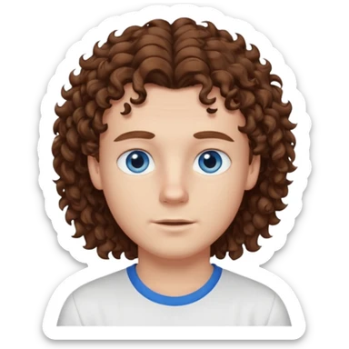 White boy with blue eyes and brown semi long hair with a White shirt without a side part, curly hair sticker