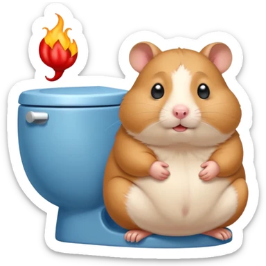Cute chubby cartoon-style hamster sitting on toilet pooping looking guilty with thought bubble thinking about chilli  sticker