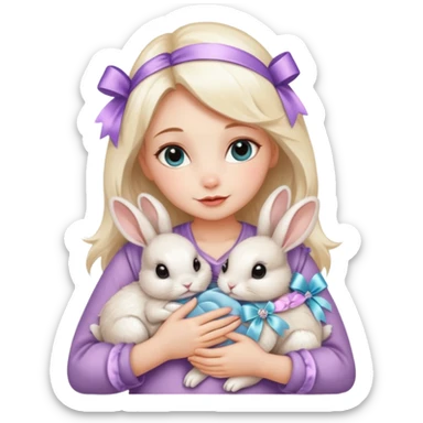 woman hugging baby rabbits with ribbons and crystals sticker