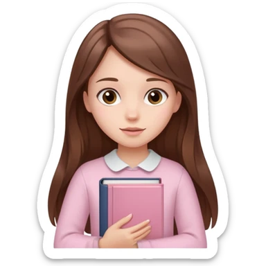 girl with fair skin and long brown hair holding a closed pale pink book sticker
