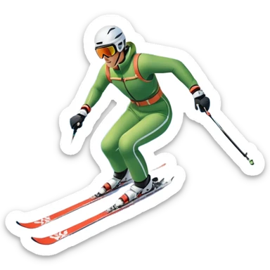 An icon featuring snowy peaks, pine trees, and a picturesque mountain landscape with a skier racing down a snow-covered slope, The sky is blue with soft clouds, capturing the thrill and beauty of alpine skiing. Transparent background highlights the excitement and serenity of winter sports. sticker