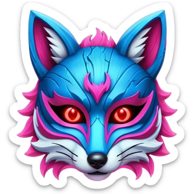 Ancient wooden mask, split in half, luminous and neon with red, blue and pink fox-like glow. sticker