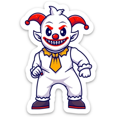 full-body demonic clown in a white leisure suit with bellbottom pants, bald, with black ram horns, flashy belt, ruffled shirt, no neck tie, cartoon sticker style sticker
