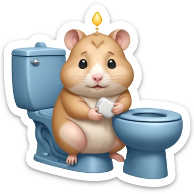 Cute chubby cartoon-style hamster sitting on toilet pooping looking as if he had an accident sticker