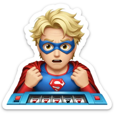 disheveled super hero losing money at a slot machine, panicked face, coins flying sticker