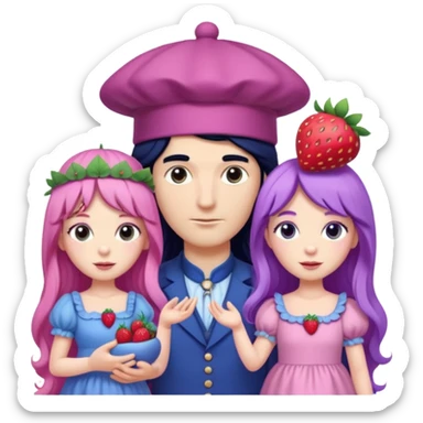 pale blueberry prince man Handsome with long black hair blueberry hat and clothes. He is standing  next to pale strawberry princess woman with strawberry hat eyelashes long pink hair and Pink strawberry dress with purple grape baby sticker