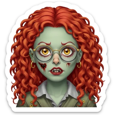 zombie with long red curly hair, thick lashes, black glasses, gold nose piercings on each side of her nose, and a gold eyebrow piercing. sticker