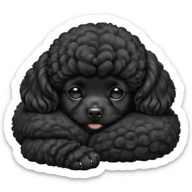 Meme-Worthy Cute Sleeping Black Poodle Portrait Emoji, Head resting peacefully with a contented smile, showcasing a delightfully elegant build and a luxuriously soft, curly jet-black Fur, eyes shut in a serene nap, Simplified yet hilariously adorable features, highly detailed, glowing with a soft, drowsy light, high shine, relaxed and utterly lovable, stylized with an air of playful laziness, bright and heartwarming, soft glowing outline, capturing the essence of a comically sleepy companion, so meme-worthy it feels like it could instantly become the next viral sensation of adorable slumber! sticker