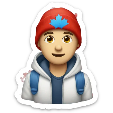 a white boy wearing a red and blue beanie with heart on his eyes sticker