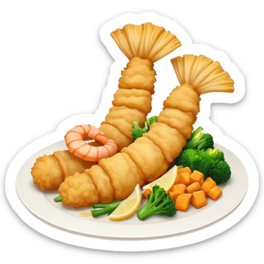 Cinematic Realistic Tempura Dish Emoji, depicted as lightly battered and fried seafood and vegetables rendered with delicate textures and crisp, inviting lighting. sticker