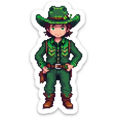 Pixel art cowboy with green outfit and green cowboy hat sticker