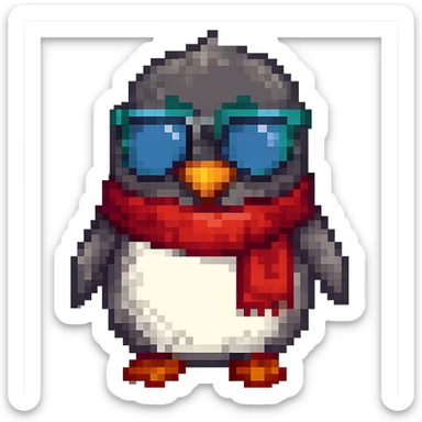 Add a red scarf to the penguin in pixel art style, with no background. Maintain the pixel art aesthetic and details. sticker