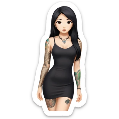 Beautiful and fit Asian girl with long black hair and body tattoos sexy pose in mini black dress sfw sticker