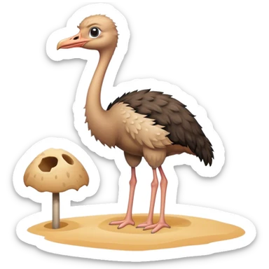 A cute cartoon male ostrich standing next to a hole in the sand. sticker