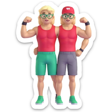Man with black and white cap, bare muscular torso, red shorts, clear glasses, messy light blond mullet hairstyle, flexing and smiling sticker