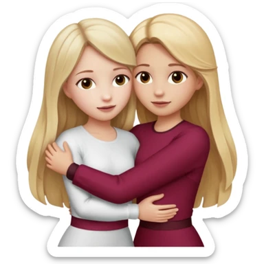 two girls who hug eachother. one has long dark blonde hair with blonde highlights and very pale skin , other has medium skintone and blush and medium blonde hair. girl with long dark blonde hair is wearing a white outfit and girl with blonde hair is wearing a burgundy outfit sticker