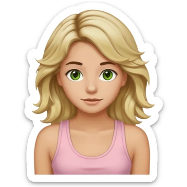 ca you make her hair a 20-year-old girl with long wavy hair brown roots blonde highlights green eyes brown eyebrows good summer tan iPhone emoji style with light pink tank top can you make her hair a little longer please sticker