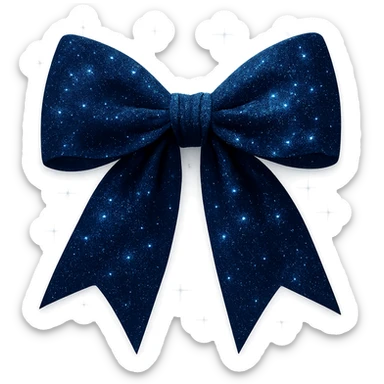 Add extra glitter and sparkling effects to the midnight bow with dark blue velvet texture, shimmering with silver flecks, and a faint ethereal glow. Keep the background transparent. Maintain the look of a midnight bow with dark blue velvet fabric and silver flecks. sticker