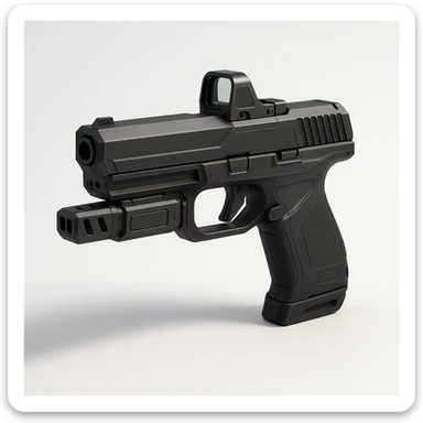 photorealistic 3D render of a compact sci-fi handgun, matte-black, angular slide, integrated reflex sight, polymer frame, extended barrel with compensator and vent ports, minimal controls, magnetic slide lock, futuristic magazine well, smart sensor panels, side view, white or grey background, soft shadow, modern tactical sci-fi style sticker