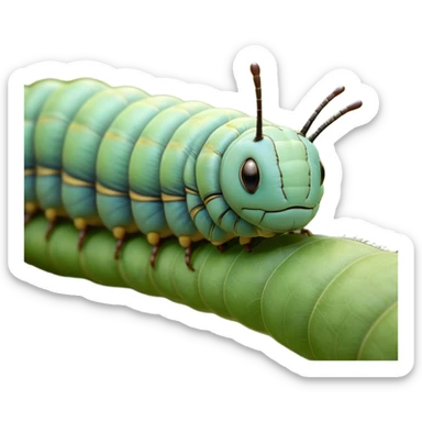 Beautiful and Majestic Caterpillar Portrait Emoji, Head and body rendered in serene repose with a gentle, content smile, showcasing a delicately segmented form with softly textured hues and eyes peacefully closed in tranquil slumber, Simplified yet exquisitely endearing features, highly detailed, glowing with a soft, drowsy natural light, high shine, relaxed and utterly noble, stylized with an air of graceful metamorphosis, soft glowing outline, capturing the essence of a beautiful and majestic caterpillar that embodies the quiet promise of transformation! sticker