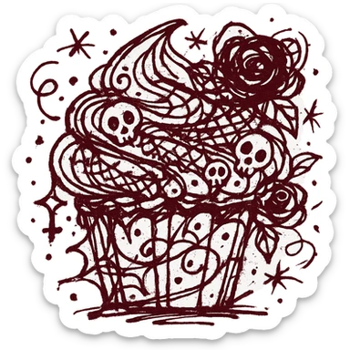 Gothic cupcake in chaotic doodle style, burgundy color, with gothic decorations such as black lace, tiny skulls, and dark roses, no background sticker