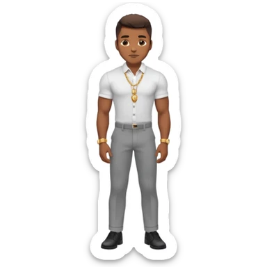 Handsome Black guy with brown skin tone, with lean muscular build, wearing gray slacks, a white button up top, black shoes, and a gold chain sticker