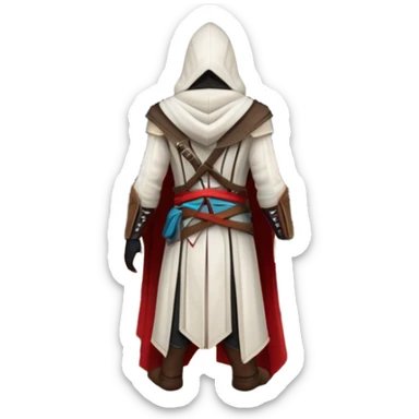 icon featuring Assasin's Creed in an iconic assassin's hood, standing tall against the backdrop of Florence. The design captures the essence of adventure, with intricate details of historical architecture and a sense of mystery. The character is poised, ready for action. transparent background. sticker