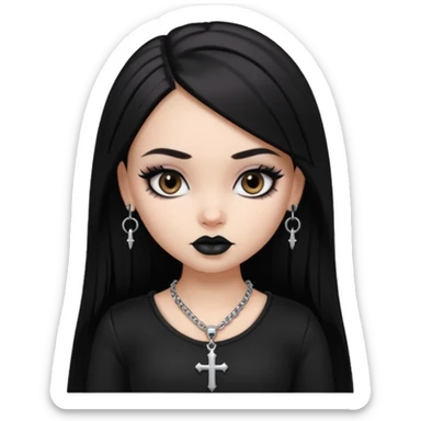 generate a pretty bratz girl in black goth top, black lipstick, black eyeliner, dark brown eyes. Dark brown hair straight long. wearing a silver cross necklace sticker