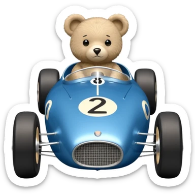 Metallic blue and lightly chrome-accented Antique-looking  kid-sized race car for teddy bear with custom aero body and rear wing sticker