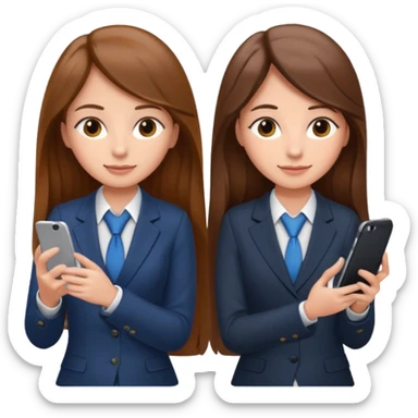 two brown haired girls, looking professional maybe leaned on each others back and looking forward and using phones, with long hair and one girl can hold lap top another one can hold the phone, professional clothes sticker