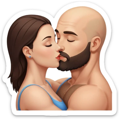Muscular Bald man with a beard passionately kissing his young brunette wife  sticker