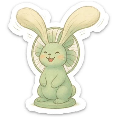 cute electric fan transformed into a soft, fluffy bunny, spinning its ears like blades, cheerful face, pastel green, full-body sticker