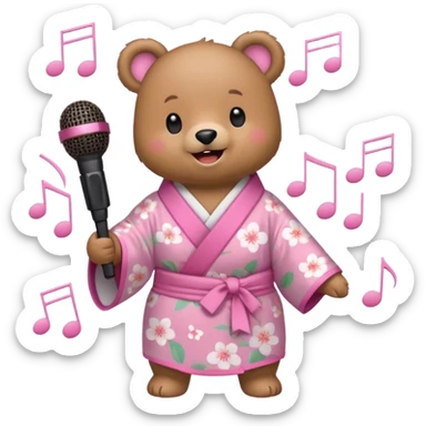 A cute light-brown bear wearing a pastel pink sakura-patterned kimono, normal balanced body ratio.  
Holding a microphone and singing happily, music notes floating around and a bright joyful smile.  
Kawaii emoji style, minimalistic clean sticker illustration, white background. sticker