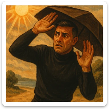 Create a symbolic, semi-realistic outdoor scene (beach or park) featuring a man with expressive, worried body language. The man is raising his hands or using an umbrella or large hat to block natural, warm sunlight. He looks uncomfortable or fearful, as if trying to protect himself from the sun. Use muted colors and an expressive, semi-realistic style symbolizing misunderstanding about sunlight and health. Use the reference image for facial features and general appearance. sticker
