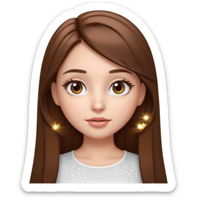 pretty cartoon girl, semi-realistic 3D emoji style, long straight brown hair, brown eyes, long eyelashes, soft glam makeup, glossy lips, smooth skin, cute aesthetic, sparkles in hair, white top sticker