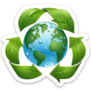 An icon featuring a globe with green leaves, a recycling symbol, and a water droplet, symbolizing ecology. The design includes trees, animals, and renewable energy icons, representing the study of ecosystems, environmental protection, and sustainability. Transparent background sticker