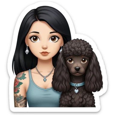 girl with long black  straight hair and tattoos and a  silver Yorkshire and a brown poodle sticker
