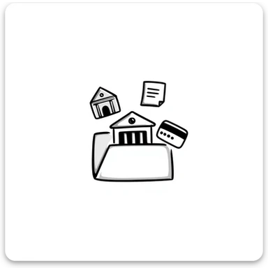 Closed folder icon with small symbols floating around: bank building, credit card, calculator, and document – organized financial archive sticker