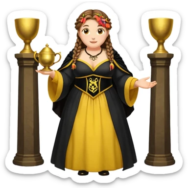 Helga Hufflepuff,brown-haired,2 braids,yellow-black medieval open dress,deep neckline,fat macromastia,black cloak decorated with gold braiding,gold cup with two handles,very kind smile,curvy busty sweet woman,round rosy cheeks,full length with medieval shoes sticker