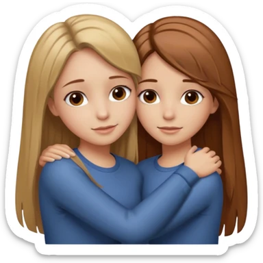 Two girls are hugging. One has dirty blonde hair with a little reddish in it. She has also grey eyes. Her hair is long and straight. The other girl has dark brown hair with hazel eyes sticker