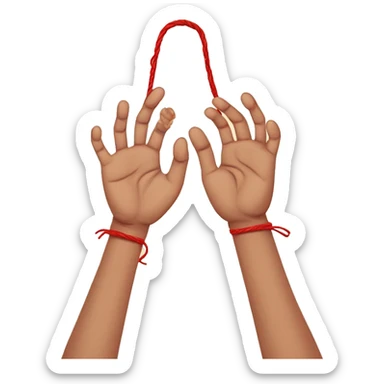 two different hands bond with their little fingers by a worn red thread. the 2 hands are one next to the other.  sticker