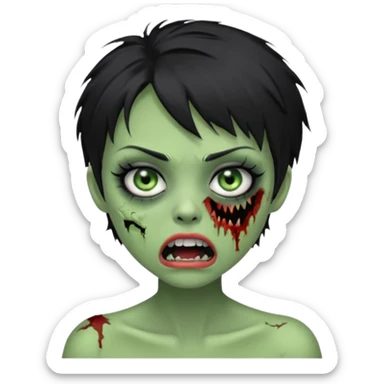Green zombie girl with messy black short hair with lashes and torn cheek and open mouth  sticker